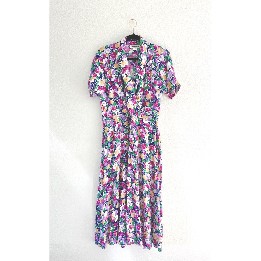 Vintage Jackie Bernard Eklektic Floral Wrap Dress Short Sleeve Midi Size 6